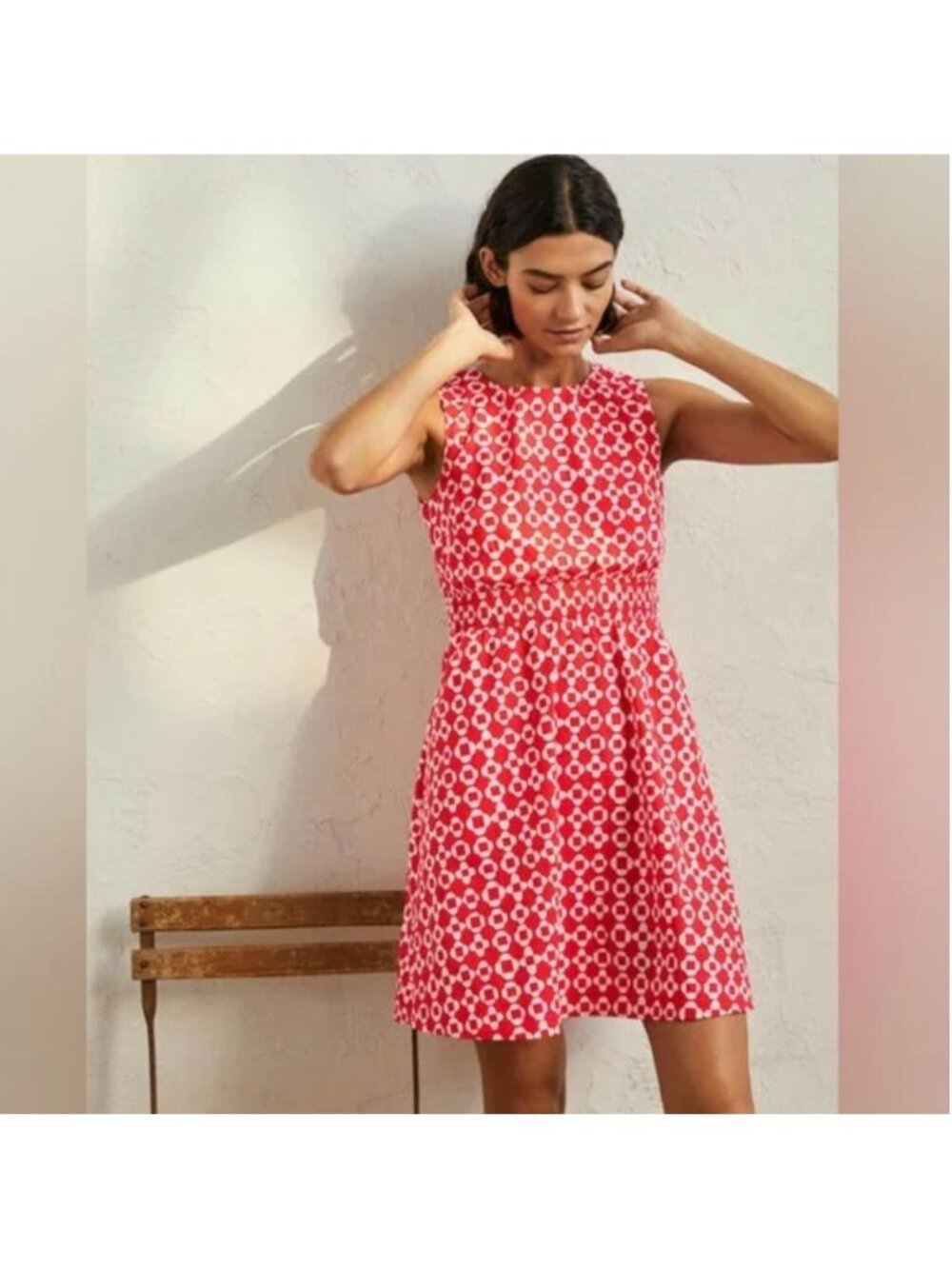 BODEN  Smocked Waist Mini Dress Red/White‎ Mosaic Pattern Size 18/20